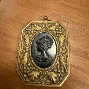 Vintage Gold Floral Locket Pendant • Black Cameo Relief • Antique Statement